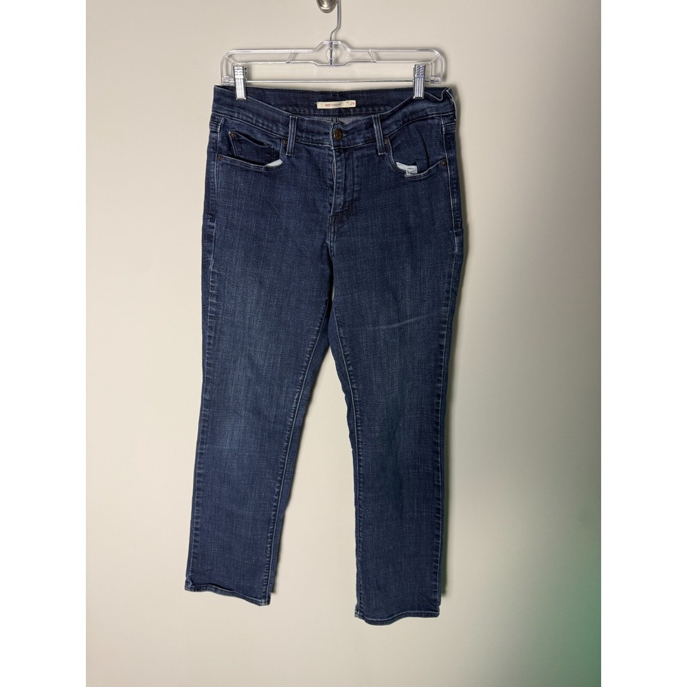 Levis 505 Jeans Womens 29 Blue Denim Straight Leg Mid Rise Stretch Dark Wash - Picture 1 of 7